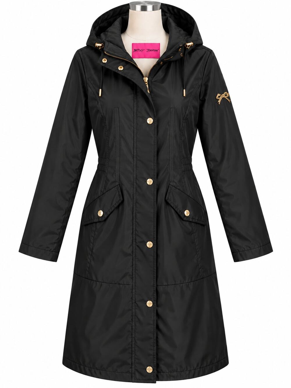 Betsey Johnson Black Hooded Leopard Lined Long Raincoat - Size S - Y2k